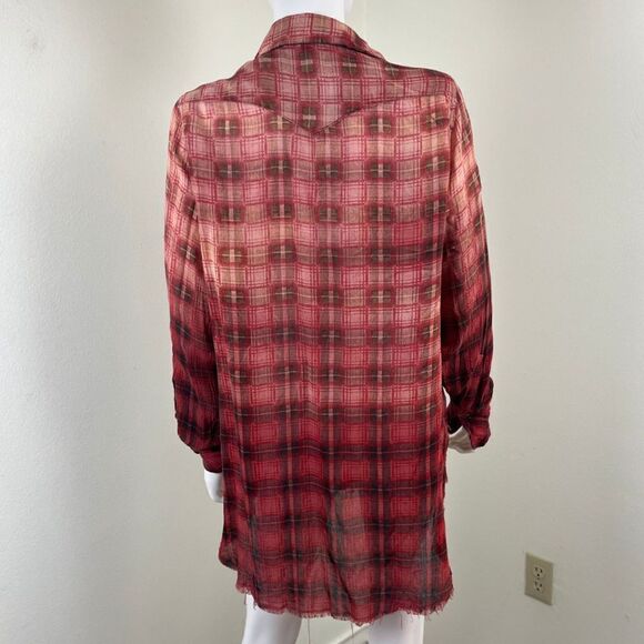 Free People Womens Size XS Red Festival Plaid Distressed Button Up High Low Top - Picture 12 of 14